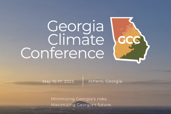 graphic with shape of Georgia on sky photo, white text